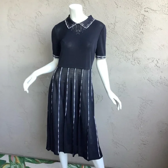 Escalier Sheer Black Sweater Dress with Beaded Accents - Picture 1 of 9